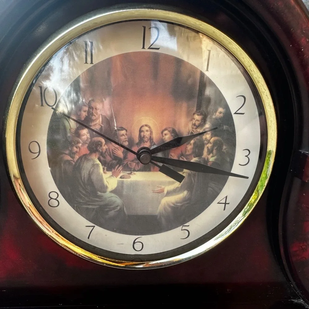 Vintage 90s Jesus Christ and the Last Supper Red Marble Mantel Clock - WORKS!